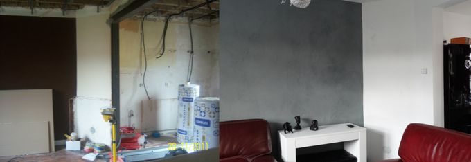 Isolation du plafond.
Pose de faux plafond.
Mise en peinture des murs et du plafond avec application d'enduit effet béton.