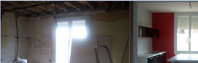 Isolation du plafond avec de la laine de roche et pose de plaques BA13 sur rails et suspentes pour créer un faux plafond.